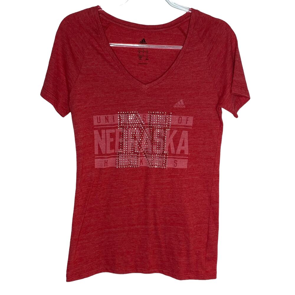 Adidas‎ Womens Large University of Nebraska Huskers Tee Short Sleeve Bling Red